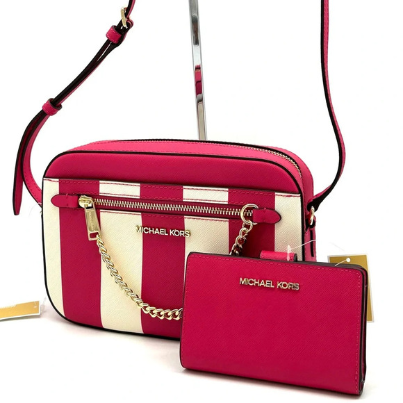 Michael Kors Handbags - Michael Kors LG EW Crossbody Bag Cider & Bifold Zip Chain Wallet Electric Pink